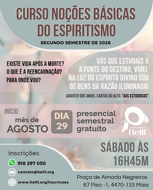 Cartaz do curso Noções Básicas do Espiritismo — início a 29 de agosto, sábados às 16h45, presencial e gratuito, na Praça de Almada Negreiros 67, Piso -1, Maia.